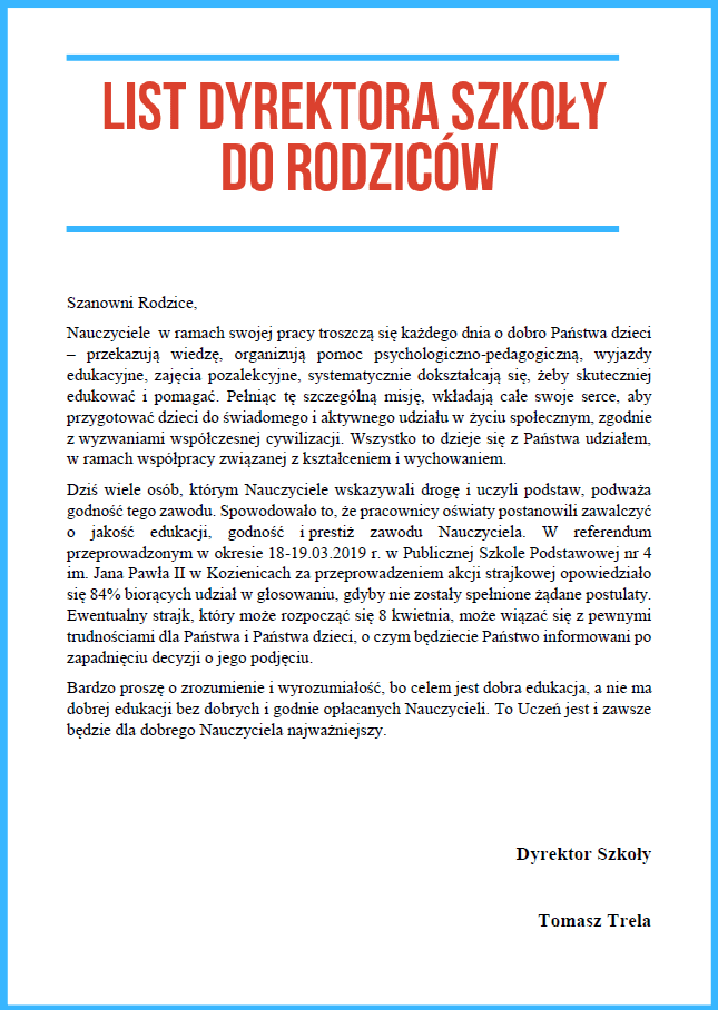 List Do Dyrektora Szkoły Wzór List Dyrektora Szkoły do Rodziców - Publiczna Szkoła Podstawowa nr 4 im